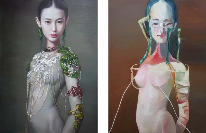 左 《蒙古公主》 190x140cm  布面油画  2013    

右《泉》 190x140cm  布面油画  2014
