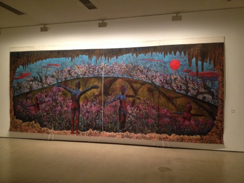 这是本次展览中尺寸最大的作品，长7.2米、宽2.9米的巨幅作品《有十字架的风景(洞外桃源)》