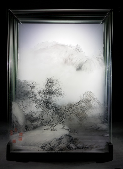 《古山水之雪峰寒艇图》163x120x73cm 14片6mm  玻璃 2008
