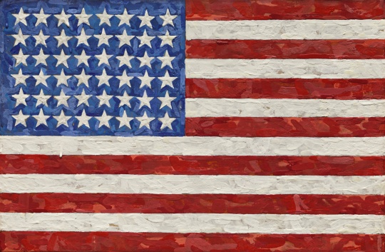 Jasper Johns: Flag, 1983, encaustic on silk flag on canvas, 11 5/8 by 17 1/2 inches; courtesy of Sotheby's.
