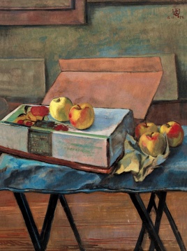 王济远《纸盒上的苹果》 99×73.5cm  以高出最低估价近3倍的成交价71.3万元 由龙美术馆竞得
