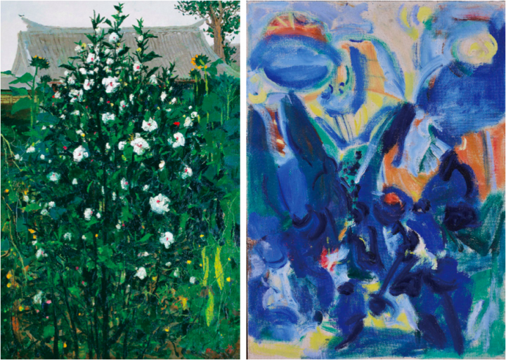 
左：吴冠中《木槿》120×80cm 布面油画  1975

右：吴大羽《无题 -19》 54×39cm 布面油画 

