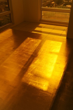 阳光透过窗户的暖色玻璃纸进入房间,与地面相映成辉