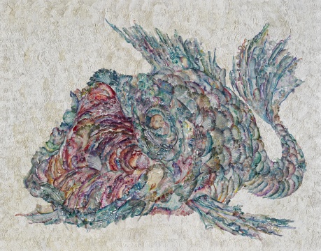 邬建安 《白蛇传新解·青鱼案》之一“青鱼寿千年，善变化”  纸本激光镂刻 手工着色 浸蜡 棉线缝缀于裱布背纸 195×245cm 2015
