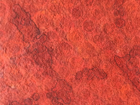 李威的作品使用了多种不同的红色系颜料，经过将近三十多次的点染，使画面增添了肌理效果与颗粒质感
