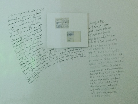 作品《爱情故事》中读者手写的文字被挪移写在了展厅墙面，构成一种无声的双向交流
