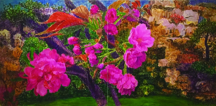 《晚樱与桃花》双联 200×400cm 布面油画 2015 
