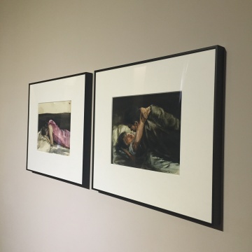 展览中的水彩作品《局外人》与《爱》 19×24cm 纸上水彩 2016
