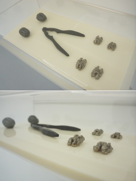 《进化》局部，紫檀木支撑的钳子与铜制的核桃