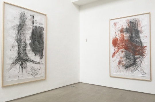 左：克里斯丁·莱默茨  《漂浮的基督》  纸上碳笔、红色粉笔  250×150cm  艺术家收藏

右：克里斯丁·莱默茨  《储存》  纸上碳笔、红色粉笔  250×150cm  艺术家收藏
