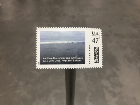 施昀佑 《《海豹脫下外衣的日子:我看见三只蓝鲸潜入海中, 2015年六月二十五日,斯瓦堡德,国王湾》&nbsp;4.2×3.4cm&nbsp;美国邮政总局定制邮票,一等加急,47美分 &nbsp;2016
