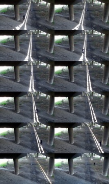 周斌 《时光之线》 行为（中国西安） 2017

沿着大桥下70米的阳光带循环往复地行走，光带随着太阳的移动而移动，直至消失，作品用时3小时20分钟
