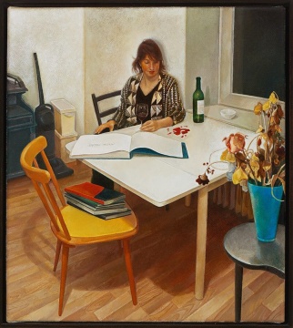 程昱峥《艺术史学者梅塔-玛丽娜-贝克在翻看波洛克画册的时候不小心把红酒打翻在了桌上》 45x40cm 布上油画 2014
