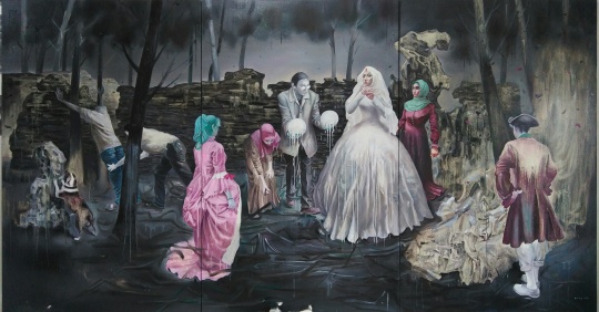 三等奖获得者王雷的布面油画作品《关于婚姻》
