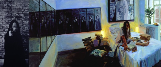 喻红《她——艺术家》绘画：150x300cm 照片：150x68cm  布面丙烯、照片 2005

