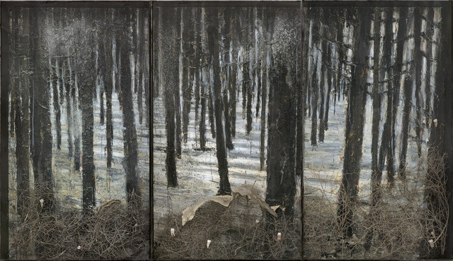 《冬日景观》  331.9×576.1×35.1cm 钢筋玻璃框架、布面油彩、感光乳剂、丙烯、虫胶、火灰、断裂的灌木、假牙、蛇皮 2010
