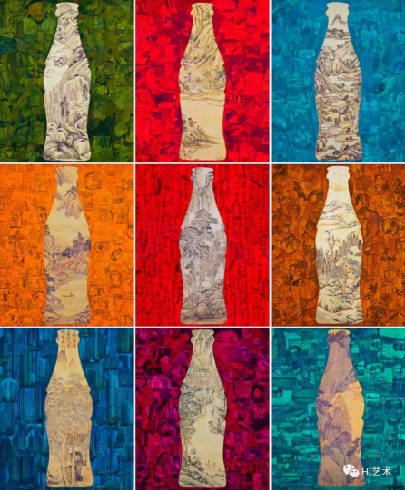 《可口可乐（全景）》 60×50cm×9 布面丙烯、拼贴、综合材料 2008
