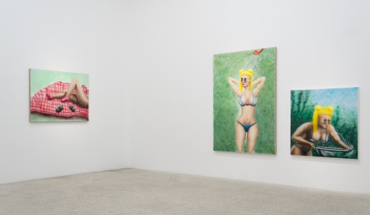 左起《在药镇野餐》 90x120cm 布面丙烯 2019       《野外洗澡才是正经事》 170x120cm 布面丙烯 2019       《城市浪漫制造机之二》 100x100cm 布面丙烯 2018