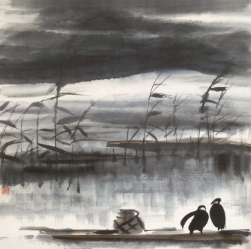 林风眠（1900-1991）-芦塘双栖-纸本镜心-66×66cm

