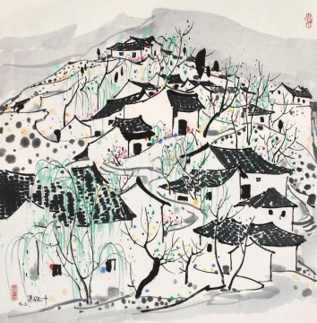 20世纪中国艺术夜场_吴冠中 山村 1993年 纸本水墨 68×68cm
