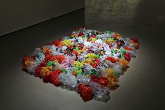 《国际歌》 200×150cm 塑料垃圾袋、生日小莲花、三色编织袋 2018
