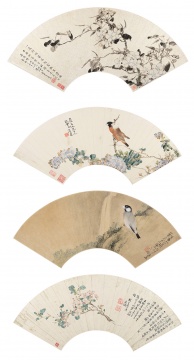 居巢
（1811 - 1865）
花鸟扇面四帧
镜心 设色纸本、水墨洒金笺
约 17.5 x 52 cm（尺寸不一）
无底价

