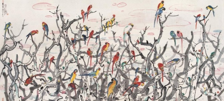 吴冠中 《鹦鹉天堂》 145×310cm 纸本设色 1988

成交价：3025万元 2005年北京保利

 
