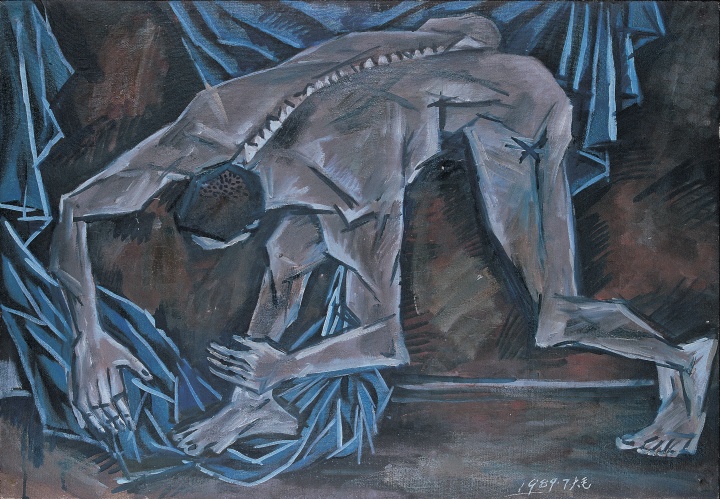 《弯腰的人体和蓝色的布》 53×76cm 布面油画 1989
