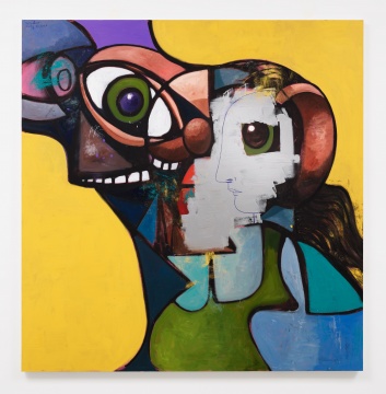 乔治·康多《戴口罩的父女》 208.3 x 203.2 x 3.5 cm 亚麻布丙烯、颜料棒、金属漆、蜡笔 2020 
© 乔治·康多，私人收藏，摄影：托马斯·巴拉特
 
