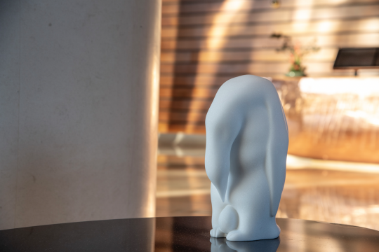 刘盛佳&nbsp;《企》&nbsp;15x18x30cm&nbsp;汉白玉 2017&nbsp;
《企》展现出艺术家的洞察力，他通过对形态的简洁刻画激发观众对雕塑场景的联想， 营造出平静的感觉。形态采用汉白玉雕刻，用材料的质感表现情绪。&nbsp;
&nbsp;
