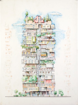 多元论建筑手稿 100×133 cm 聚酯薄膜上印度墨水 1987-1988
