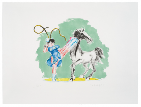 《春丽踢死马》，石版套色，76 × 56 cm，2020
