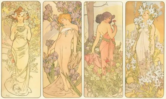 阿尔丰斯·慕夏 花卉系列（1898） 103.5×43.5cm×4 彩色石板印刷
