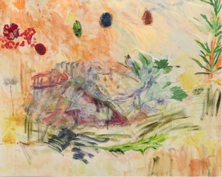 丛丛，《草莓花正在开》，布面油画，105X130 cm，2020
