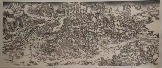 雷绍文，《灾难图》，水墨 绢本，141x338.5 cm，2016
