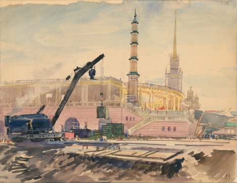 宗其香，《北京展览馆建设中》，纸本水彩，35cm×45.5cm，1954年
