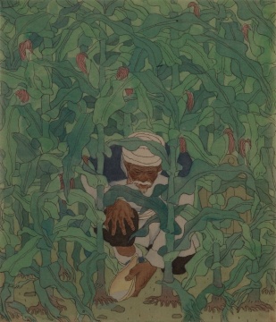 任建国 《种苞谷的老人之十一》18.8cm×15.5cm 绢本工笔重彩 1984年 中国美术馆藏
