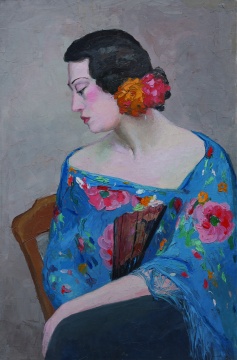 《戴花执扇的女人》 潘玉良 布面油画 90cm×59cm 年代不详 安徽博物院藏
