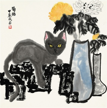 戎庄  《菊·猫》 70x70cm  纸本水墨  2024年 
