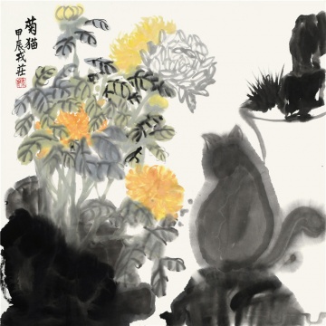 戎庄  《菊猫》 70x70cm  纸本水墨  2024年  
