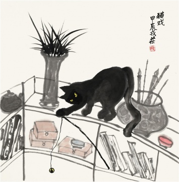 戎庄  《猫戏4》  70x70cm  纸本水墨  2024年  
