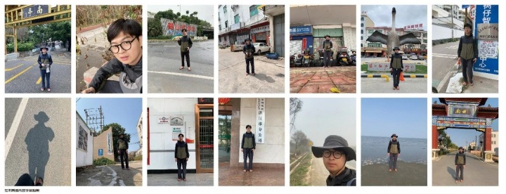 郭定奋在印有不同城市名字的牌匾前留影

 
