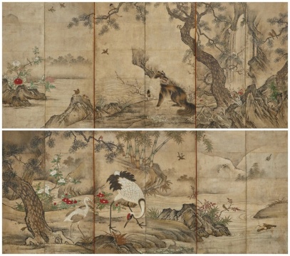 狩野元信《四季花鸟图屏》一对
每扇折叠155×61.4cm，每扇展开155x343cm  纸本金地着色 室町时代（十六世纪）
估价：4,000,000-6,000,000港元
