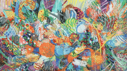 陈栋帆，河流，276×500cm，纸本丙烯、金箔，2022
