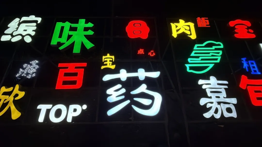 张新军《另一条河》
灯光雕塑：LED发光招牌字（来自蕉城13家停业寻租的商铺）、钢结构、控制器、电线等
240×2400cm，2026年
